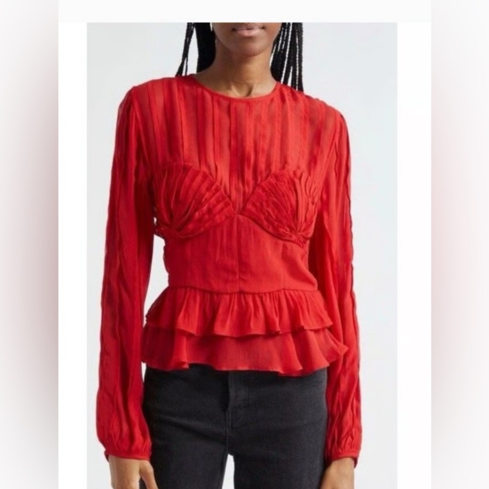 FARM Rio Red Sheer Ruffle Long-Sleeve Blouse - Picture 2 of 9